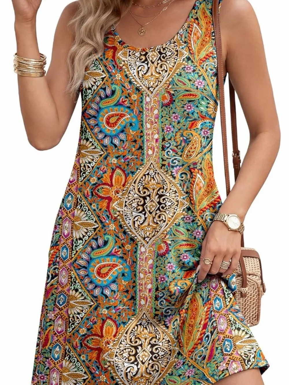 Sleeveless Multicolor Paisley Shift Dress - Picture 2 of 2